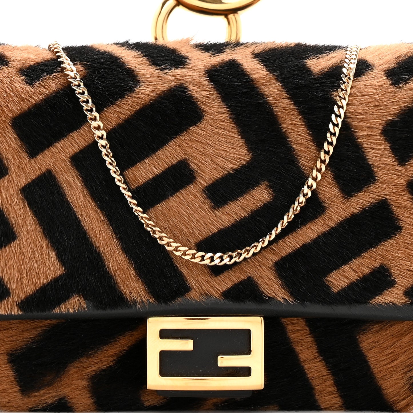 Sheared Sheepskin Vitello King FF Nano Baguette Charm Tobacco Moro Black