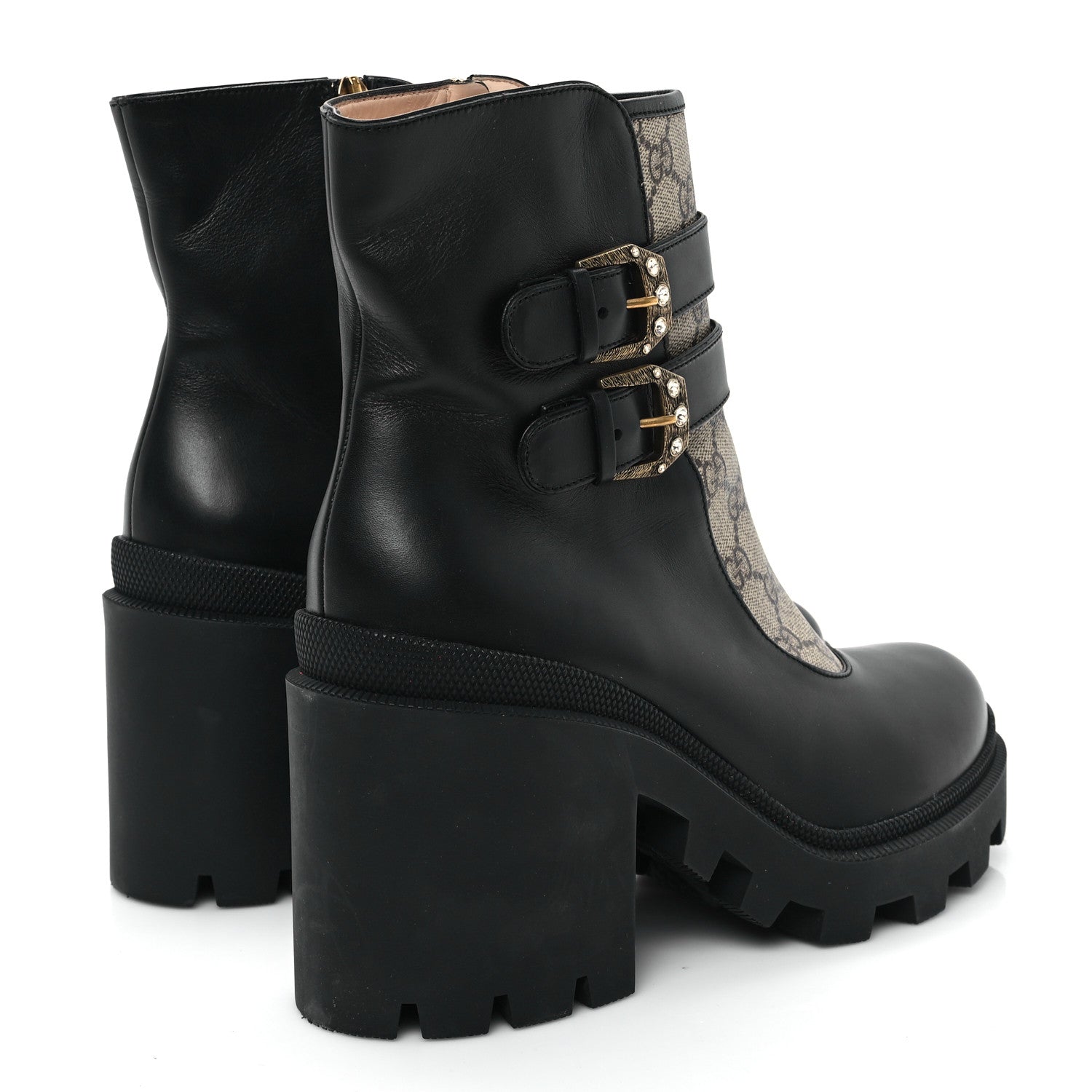 Gucci Kensington Calfskin Nappa GG Supreme Monogram Womens Double Buckle Ankle Boots 41 Black 5 of 11