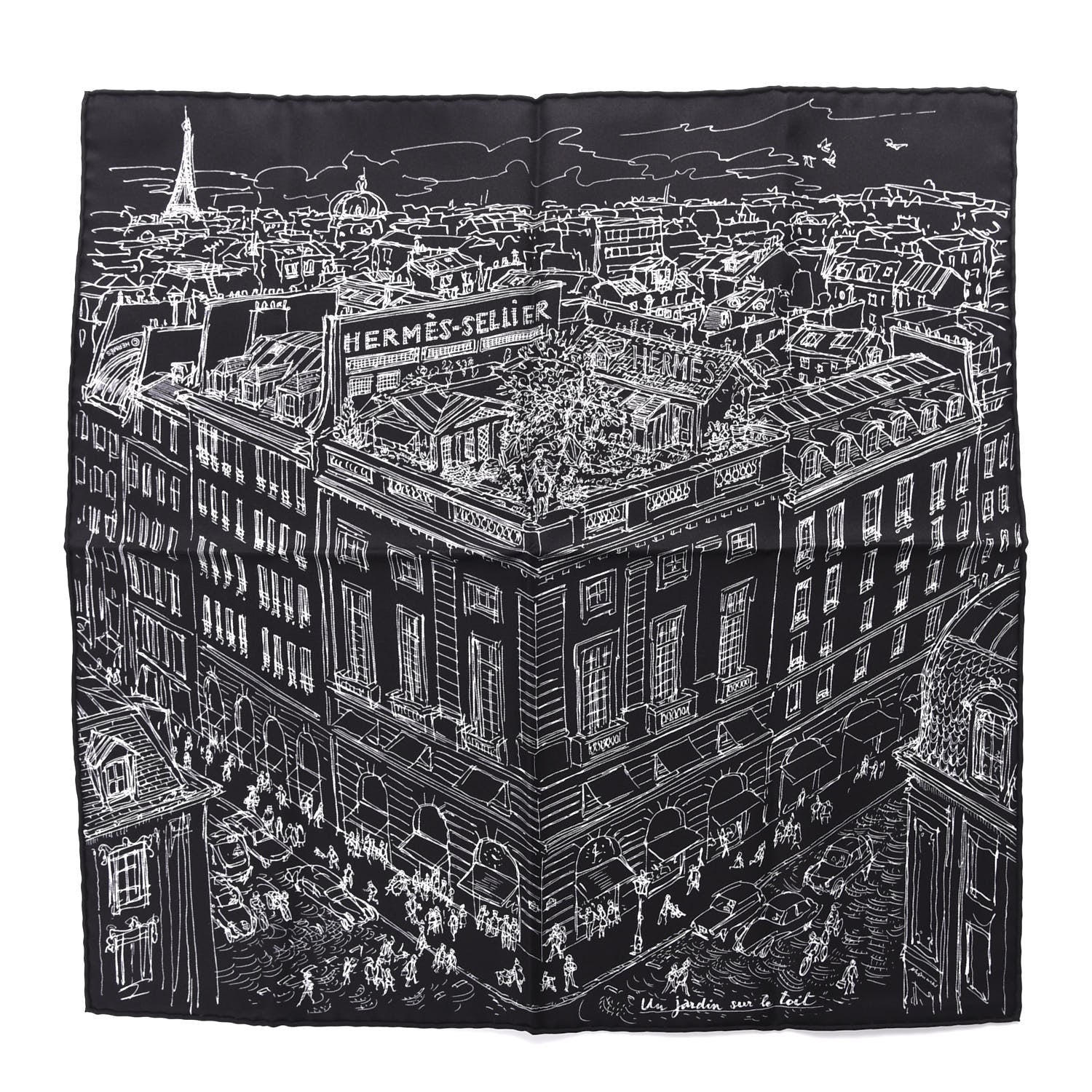 Hermes Silk Un Jardin Sur Le Toit Pocket Square Black White 1 of 4