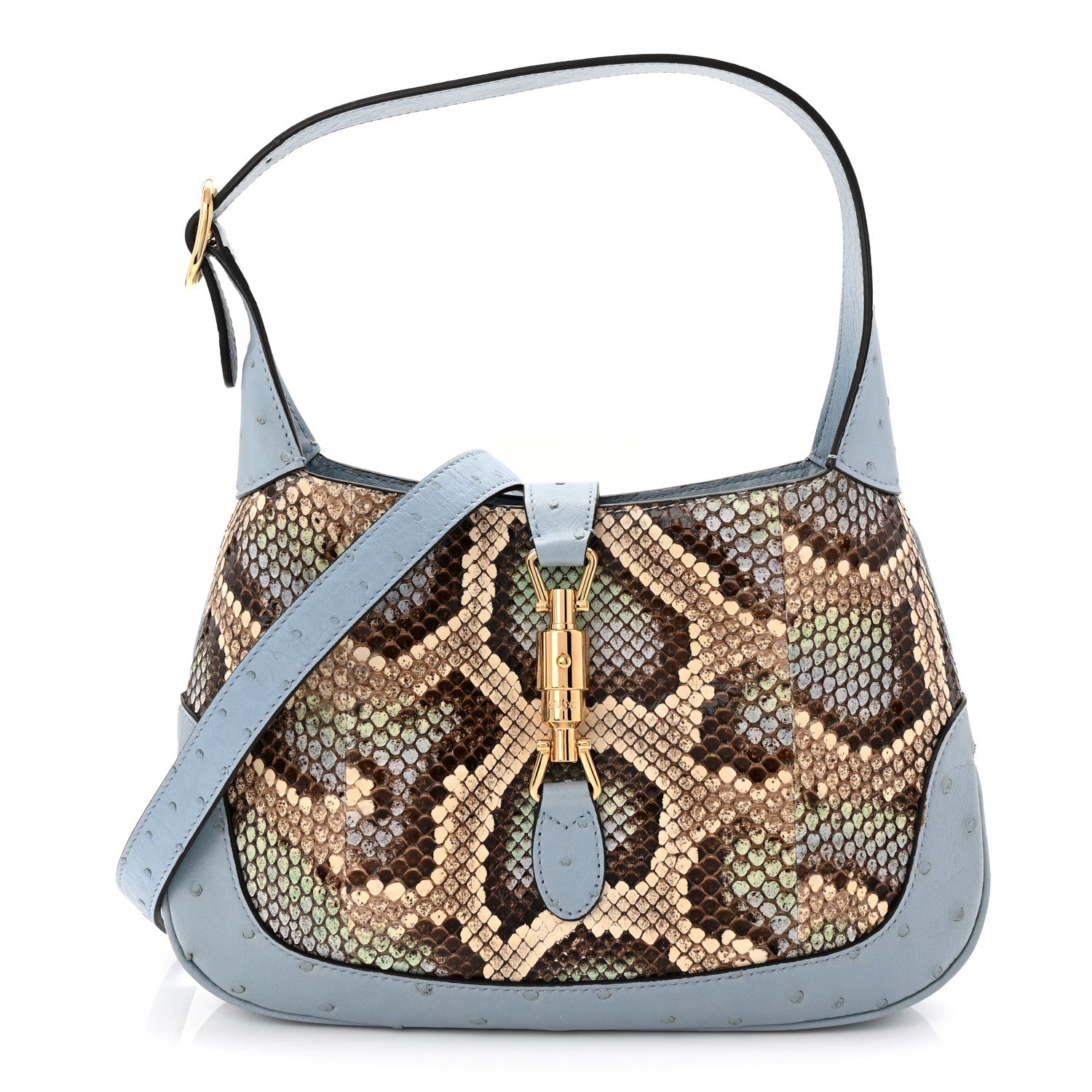 Gucci Snakeskin Ostrich Calfskin Small Jackie 1961 Hobo Blue Multicolor 1 of 10