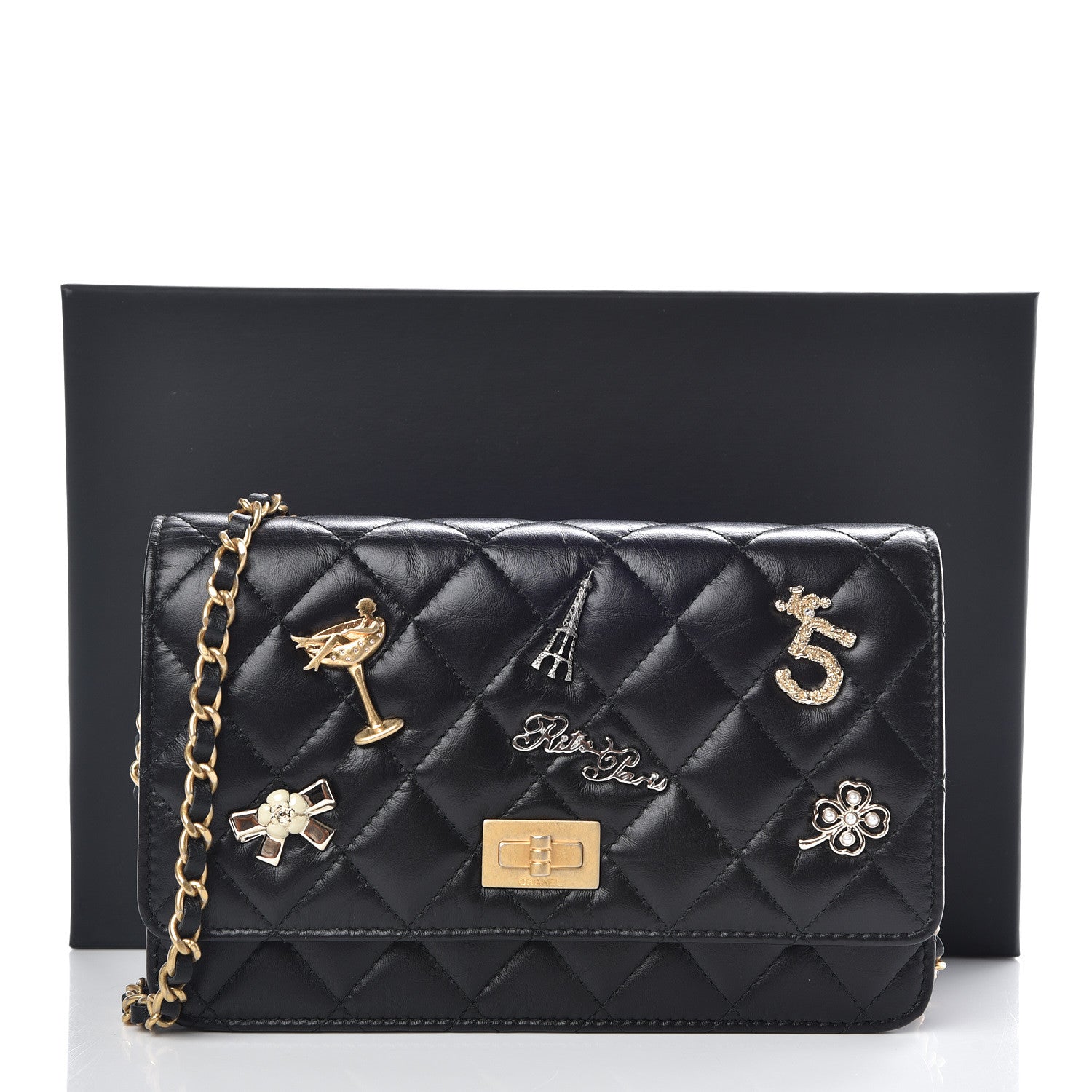 Chanel Aged Calfskin Quilted Lucky Charms 2.55 Reissue Wallet On Chain WOC Black 11 of 11