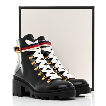 Gucci Calfskin Womens Sylvie Web Lace Up Combat Boots 41 Black 9 of 9