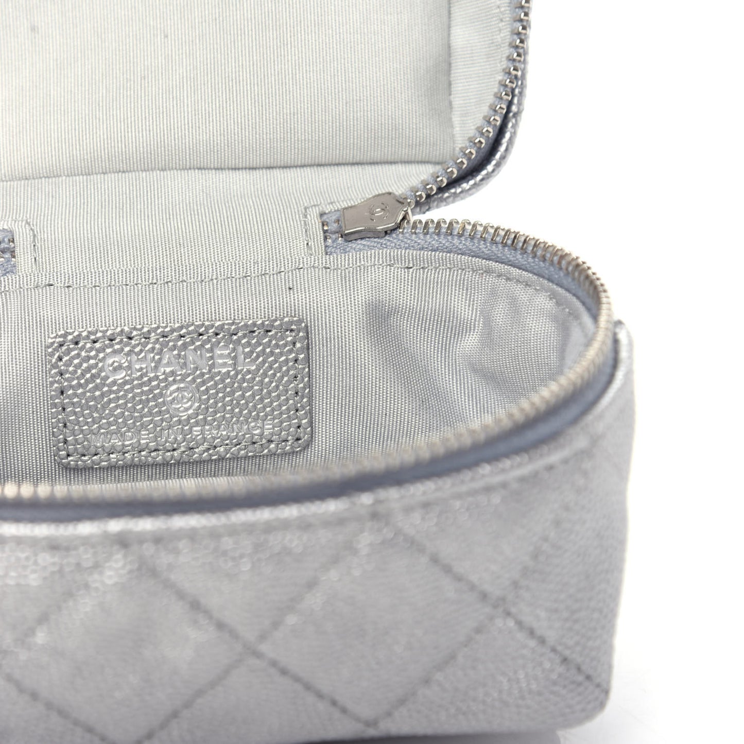 Metallic Caviar Quilted Mini Top Handle Vanity With Chain Silver
