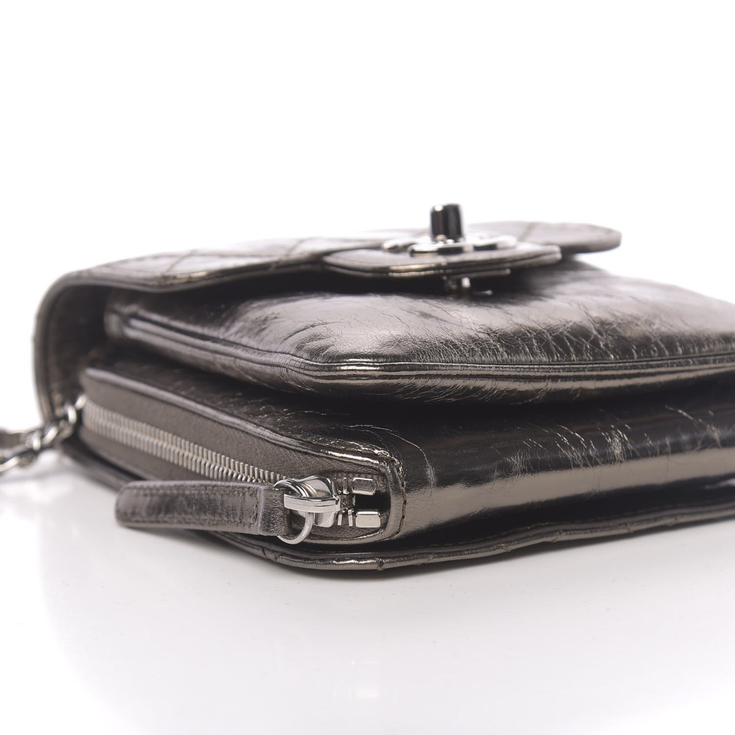 Crackled Aged Calfskin Mini Crossbody Flap Pewter