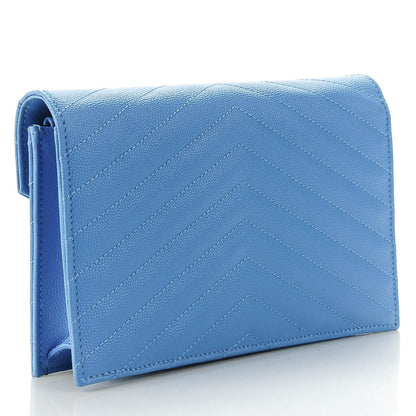 Saint Laurent Grain De Poudre Matelasse Chevron Monogram Envelope Chain Wallet Blue Clair 3 of 7