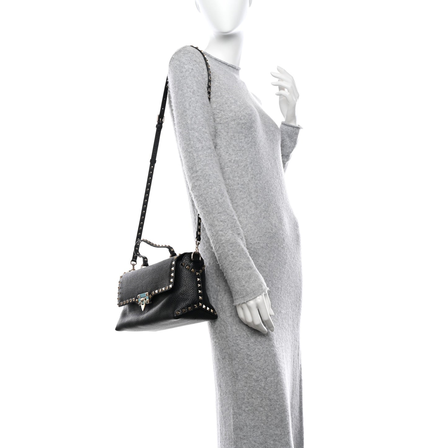 Pebbled Calfskin Rockstud Single Handle Flap Bag Black