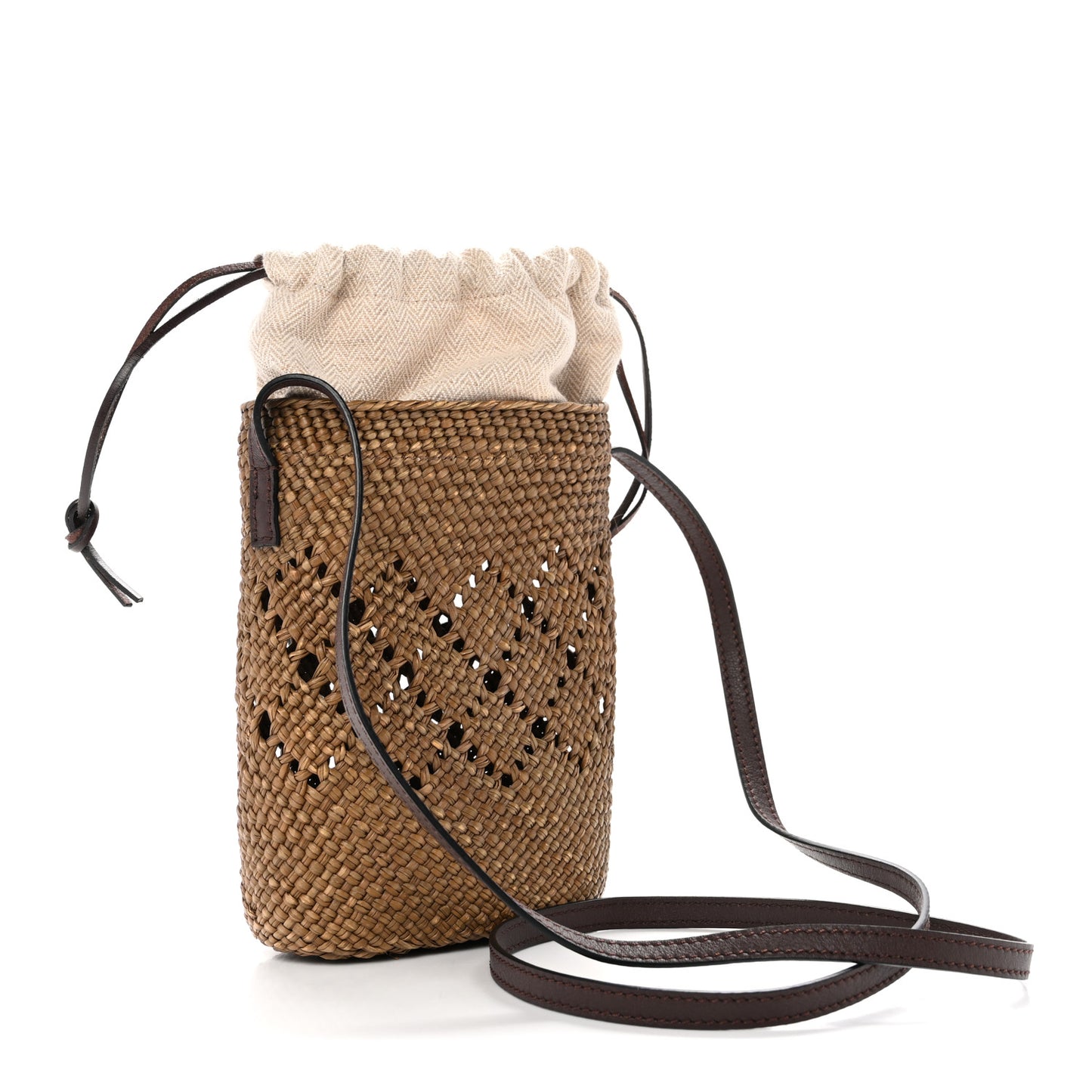 Iraca Palm Calfskin Anagram Square Pocket Bucket Bag Natural Brown