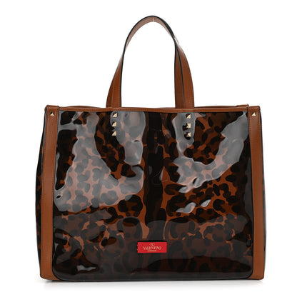 Valentino Garavani PVC Leopard Print Small Rockstud Shopping Tote Brown 3 of 10
