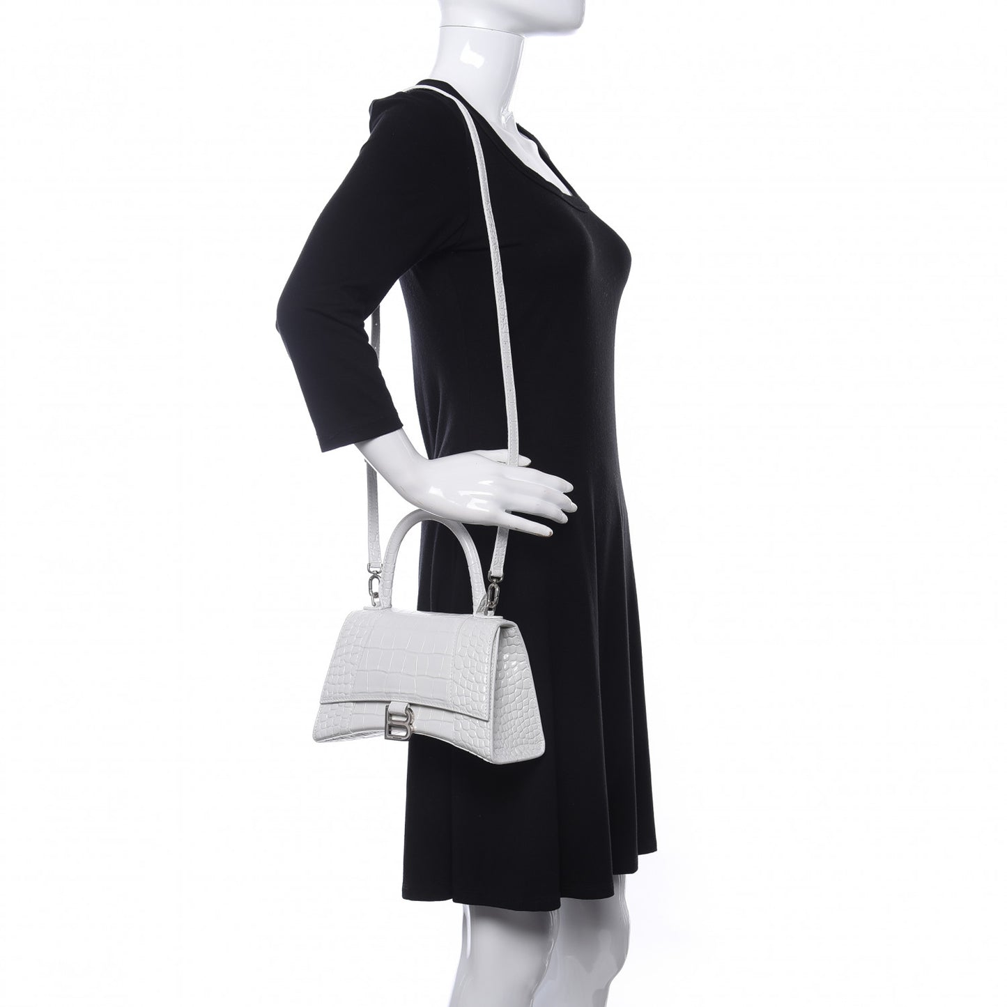 Calfskin Crocodile Embossed Small Hourglass Top Handle Bag White