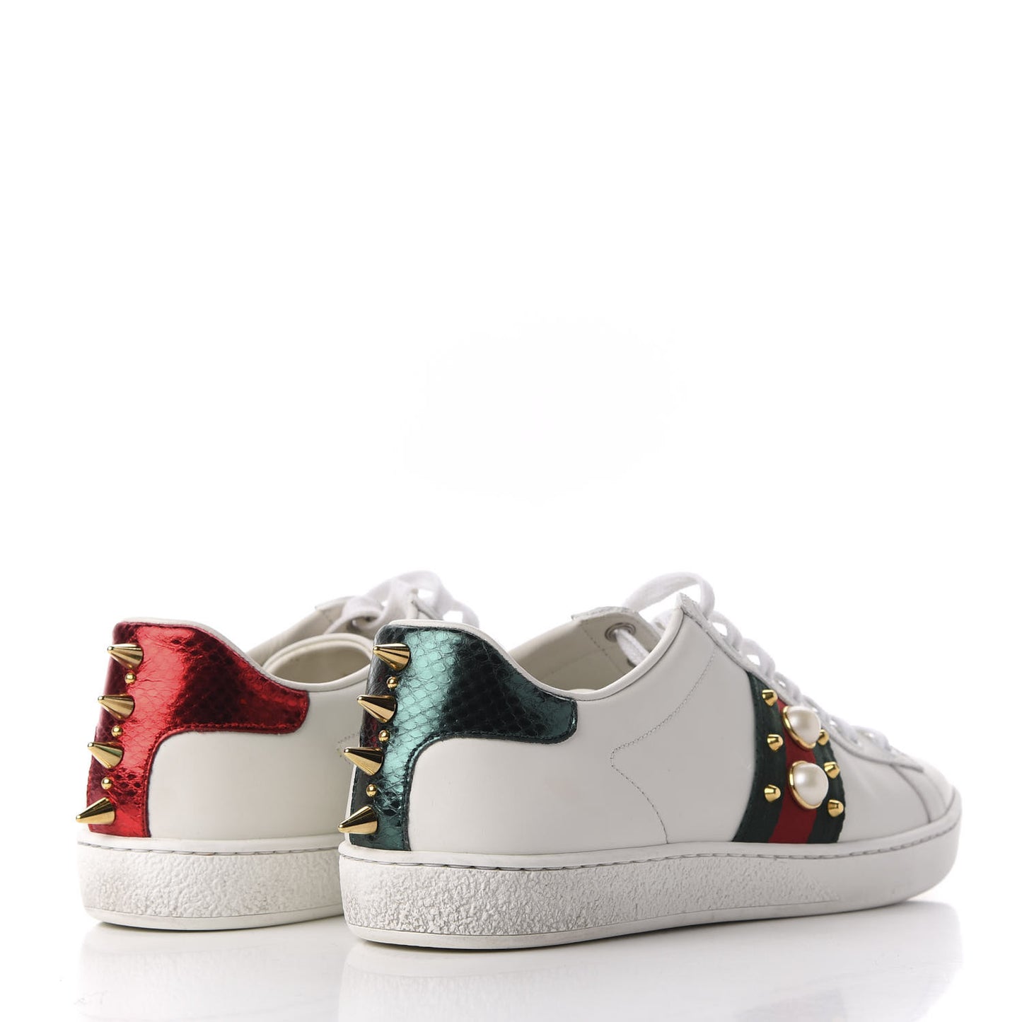 Calfskin Web Pearl Studded Womens Ace Sneakers 38 White