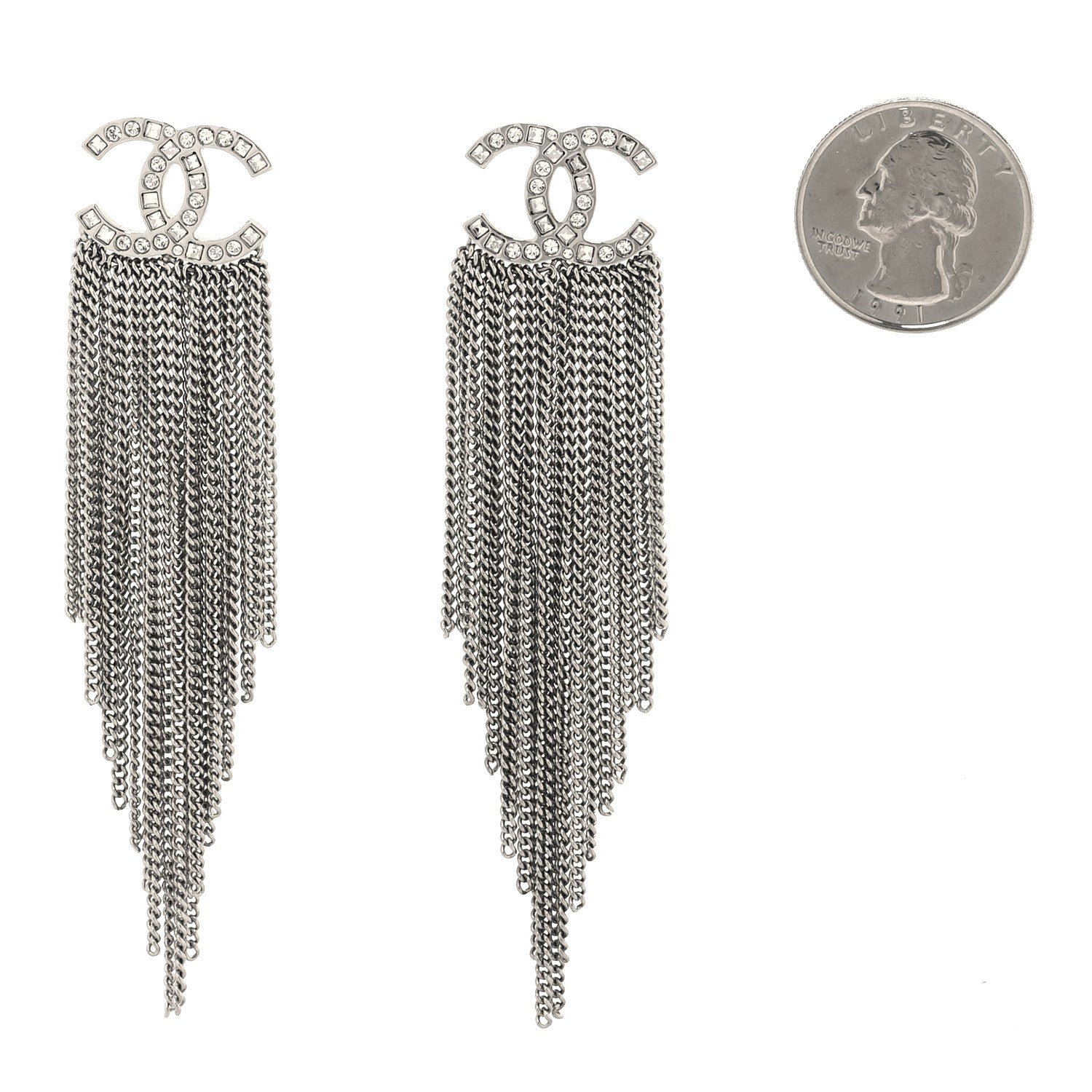 Chanel Baguette Crystal CC Chain Drop Earrings Silver 2 of 5