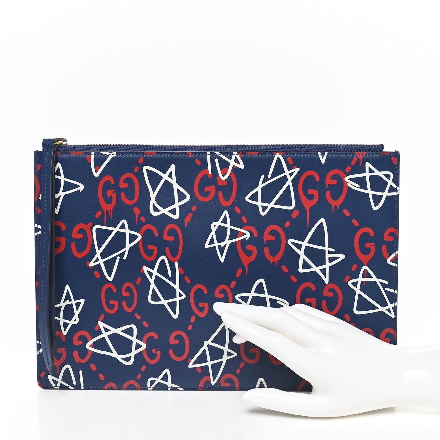 Calfskin GucciGhost Print Pouch Blue Agata Hibiscus Red