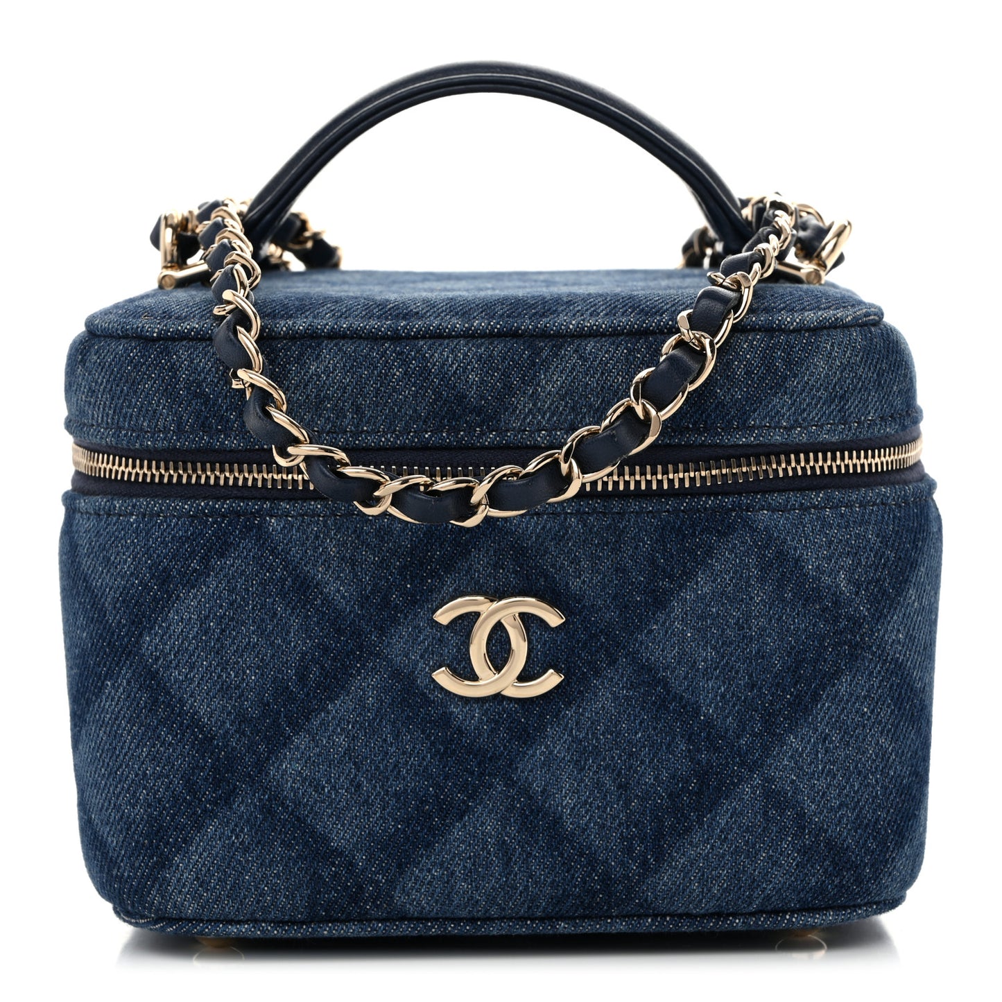 Printed Denim Quilted Mini Top Handle Vanity Case With Chain Dark Blue