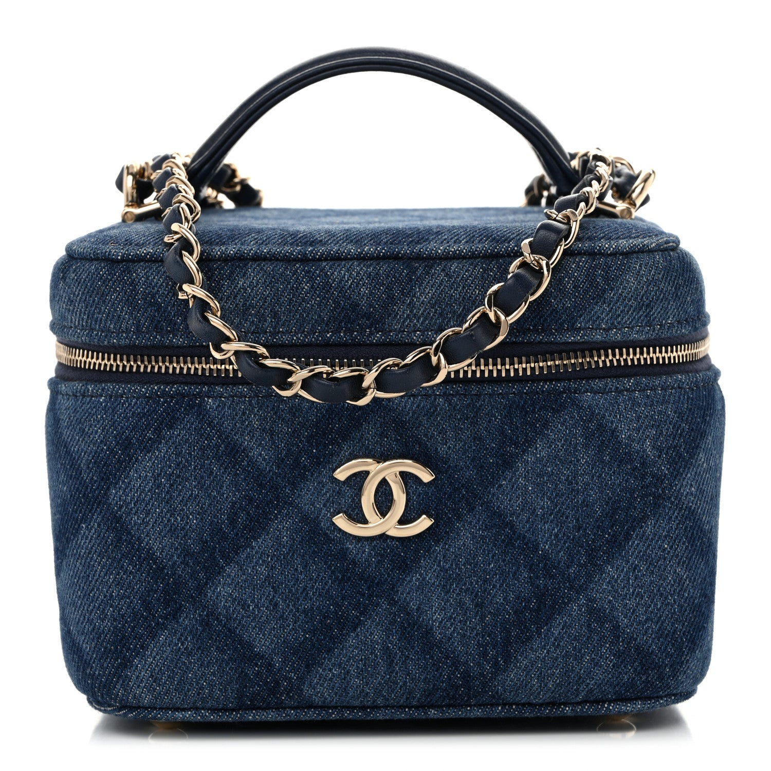 Chanel Printed Denim Quilted Mini Top Handle Vanity Case With Chain Dark Blue 1 of 10