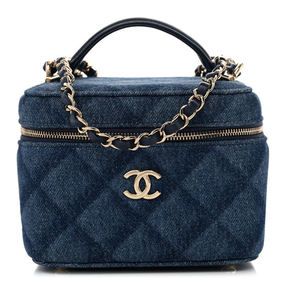 Chanel Printed Denim Quilted Mini Top Handle Vanity Case With Chain Dark Blue 1 of 10