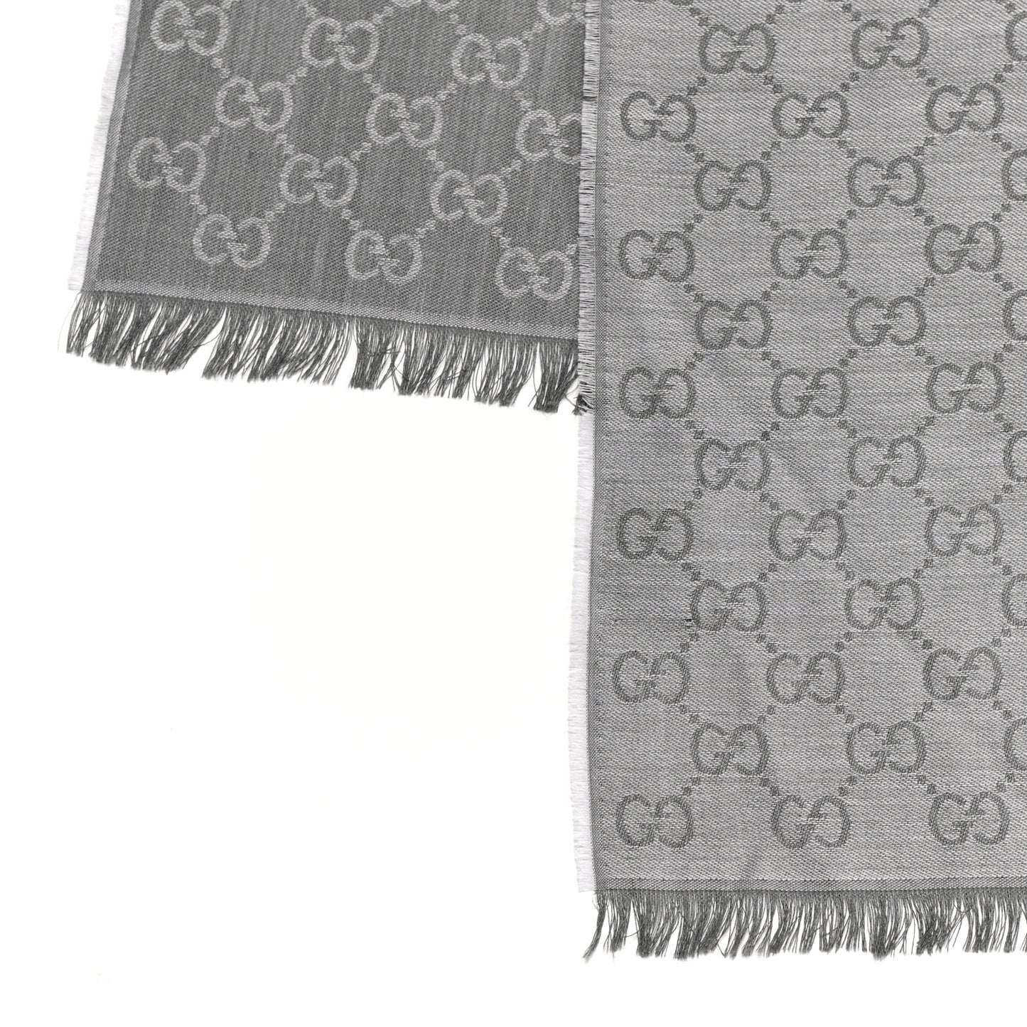 Wool Silk GG Monogram GGWeblong Fringe Scarf Shawl Pearl Medium Grey