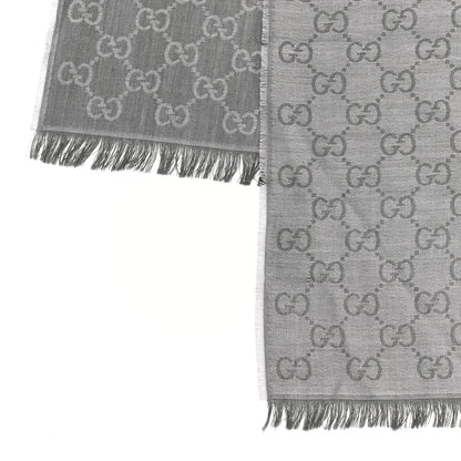 Gucci Wool Silk GG Monogram GGWeblong Fringe Scarf Shawl Pearl Medium Grey 4 of 5