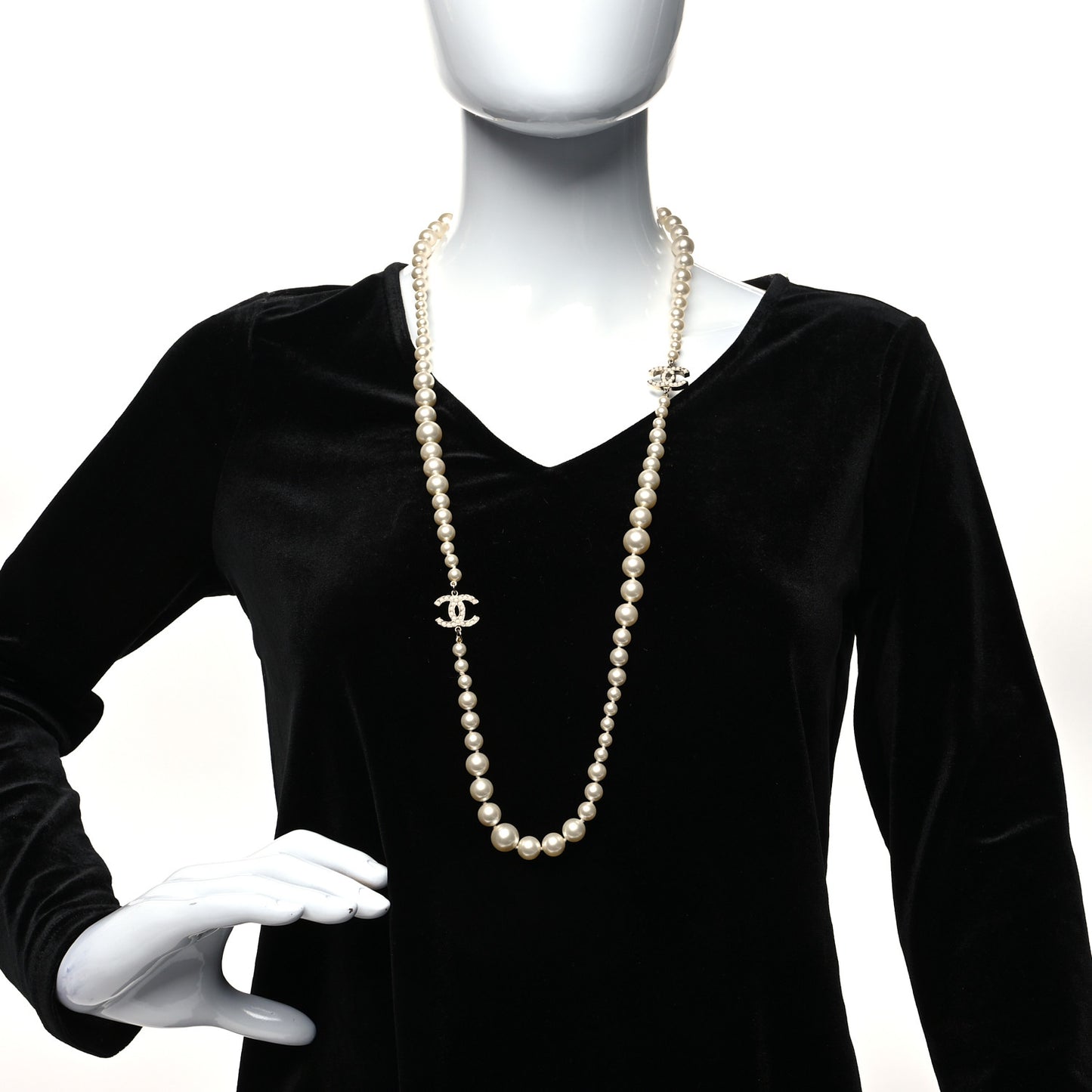 Crystal Pearl CC Long Necklace Silver