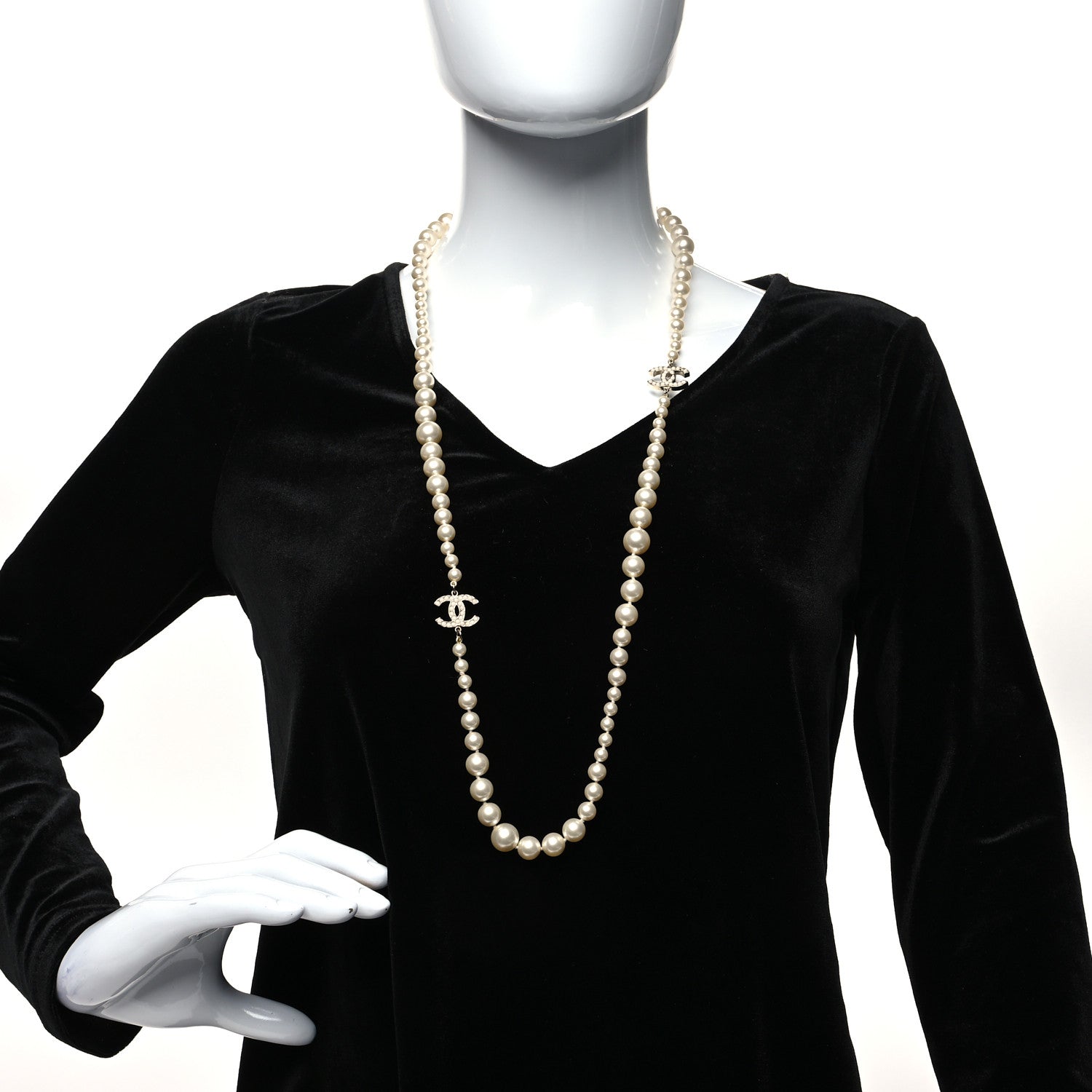 Chanel Crystal Pearl CC Long Necklace Silver 2 of 6