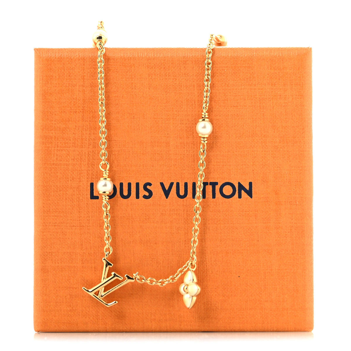 Metal Resin Pearl LV Floragram XS Necklace Gold White