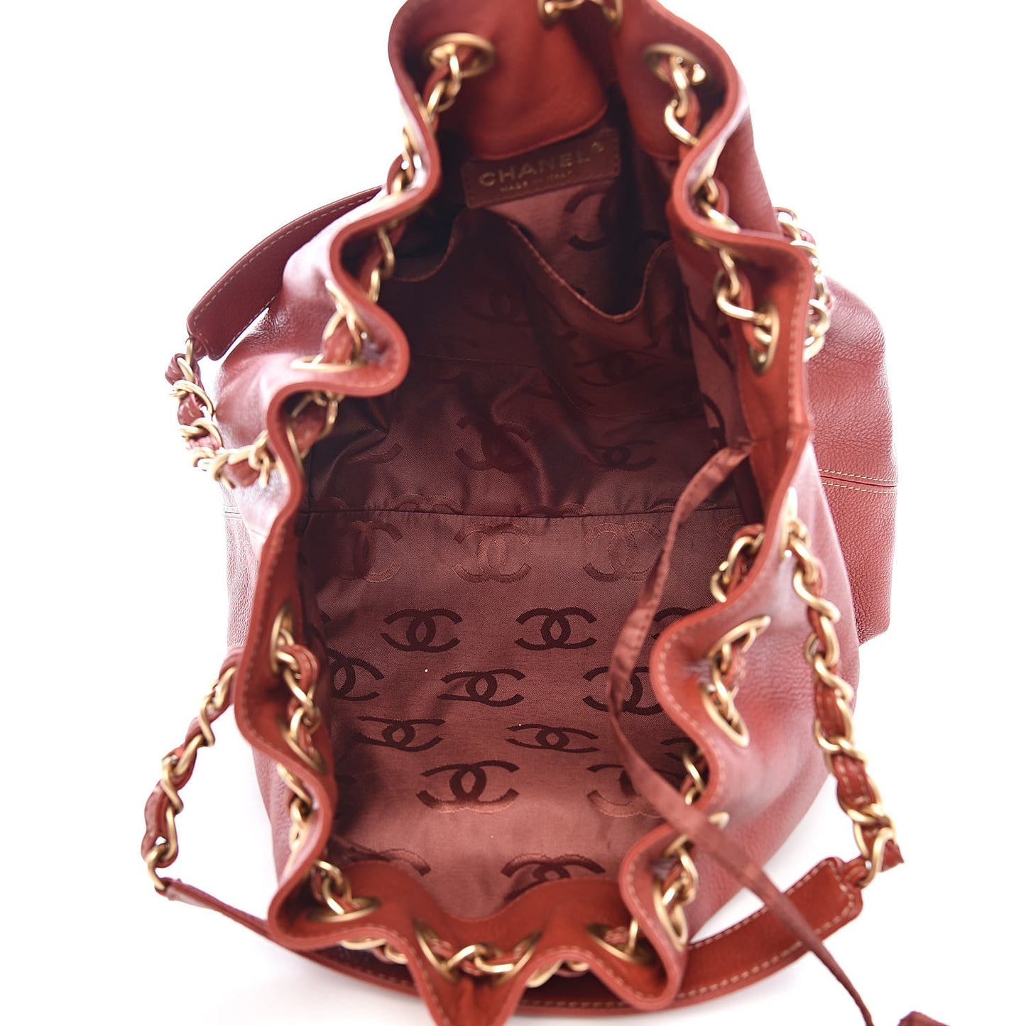 Grained Calfskin CC Drawstring Bucket Bag Red