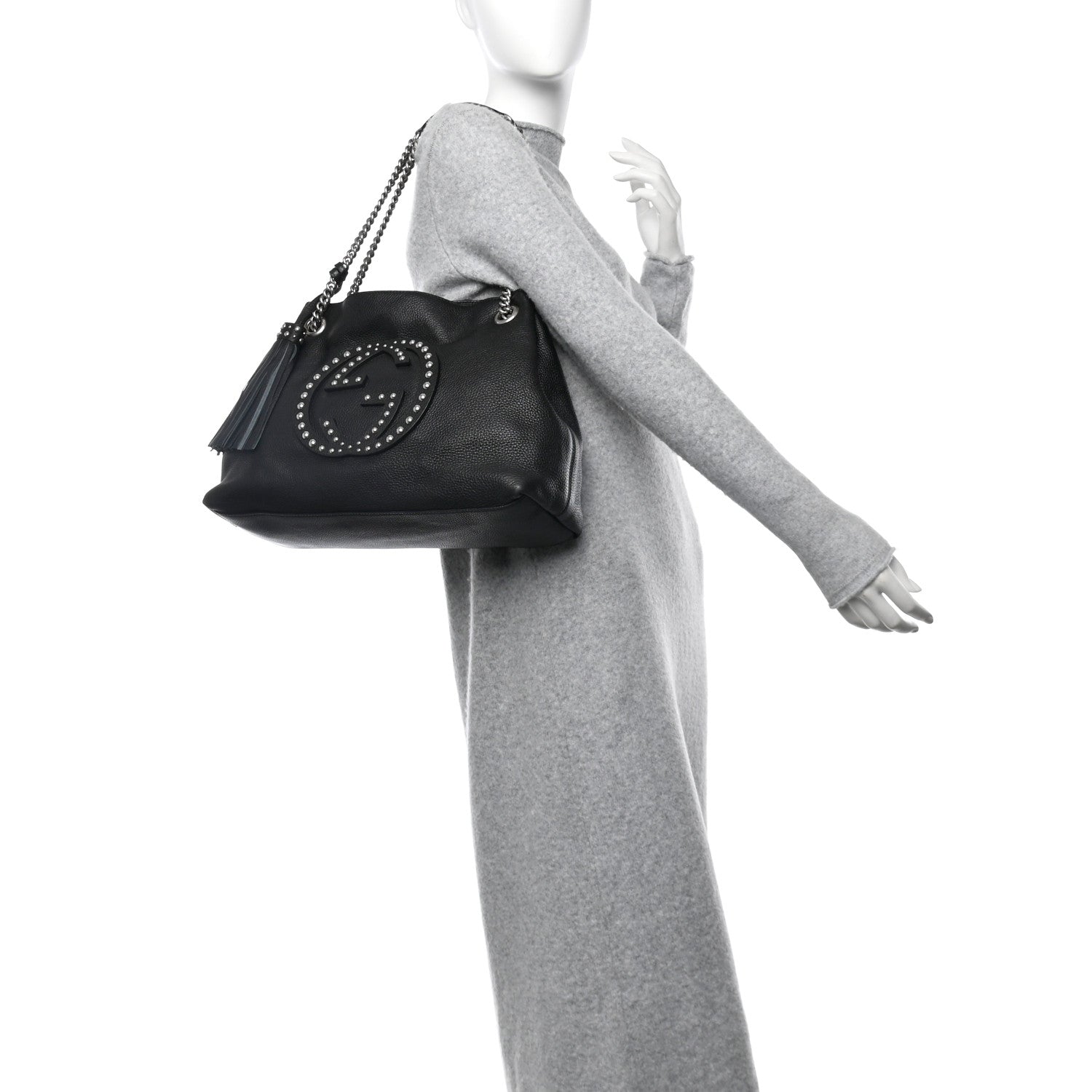 Gucci Pebbled Calfskin Studded Medium Soho Chain Shoulder Bag Black 2 of 12
