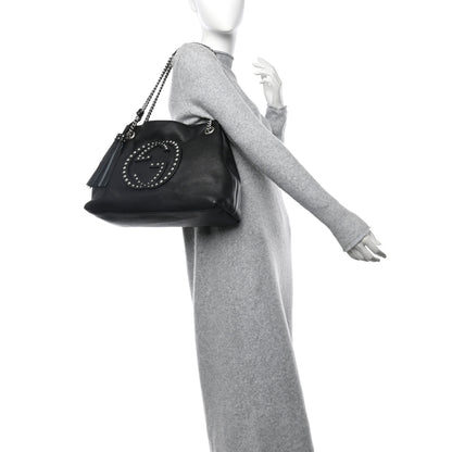Gucci Pebbled Calfskin Studded Medium Soho Chain Shoulder Bag Black 2 of 12
