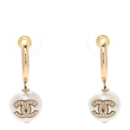 Chanel Pearl Crystal CC Drop Earrings Gold Pearly White 1 of 4