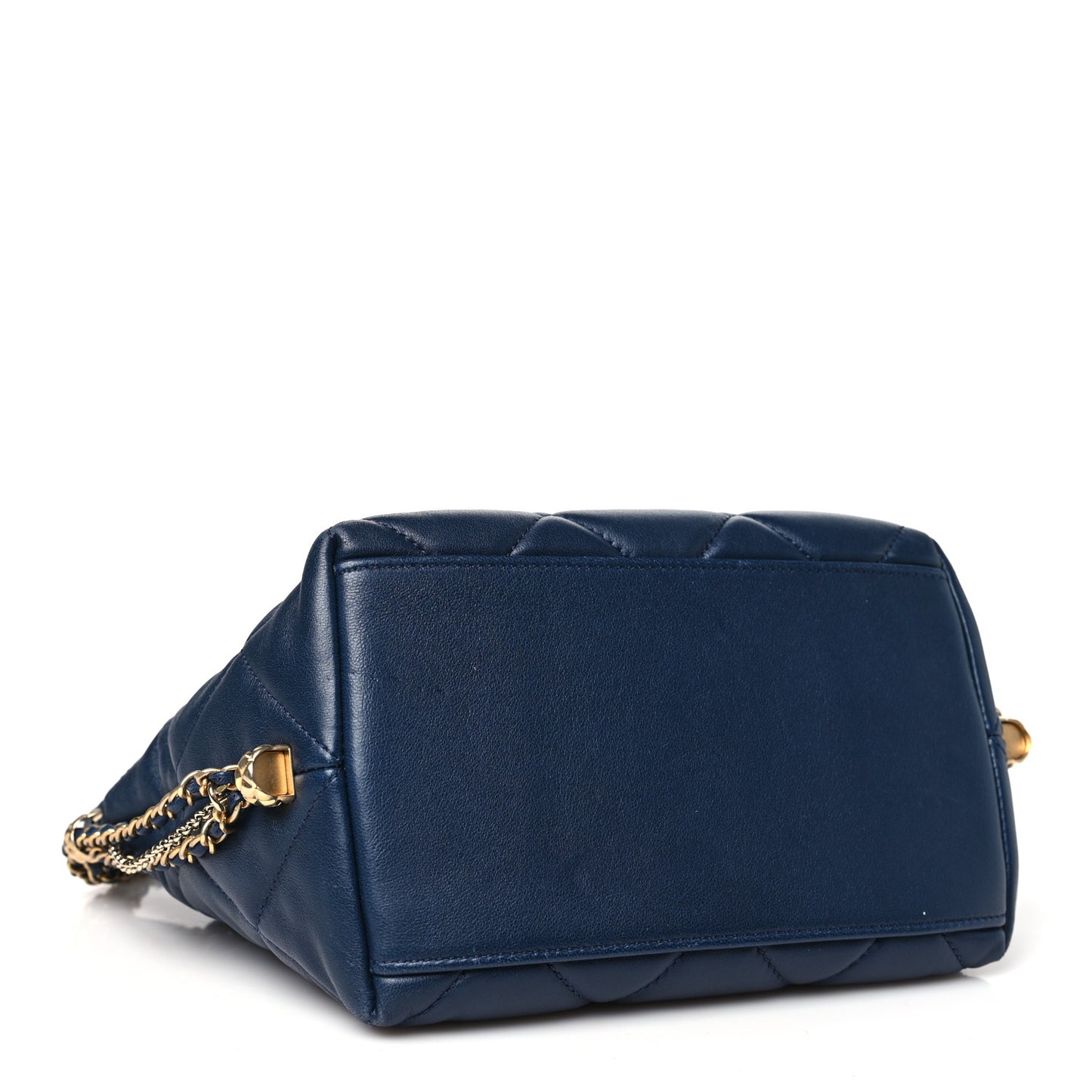 Lambskin Quilted Crush on Chains Drawstring Bucket Bag Hobo Navy