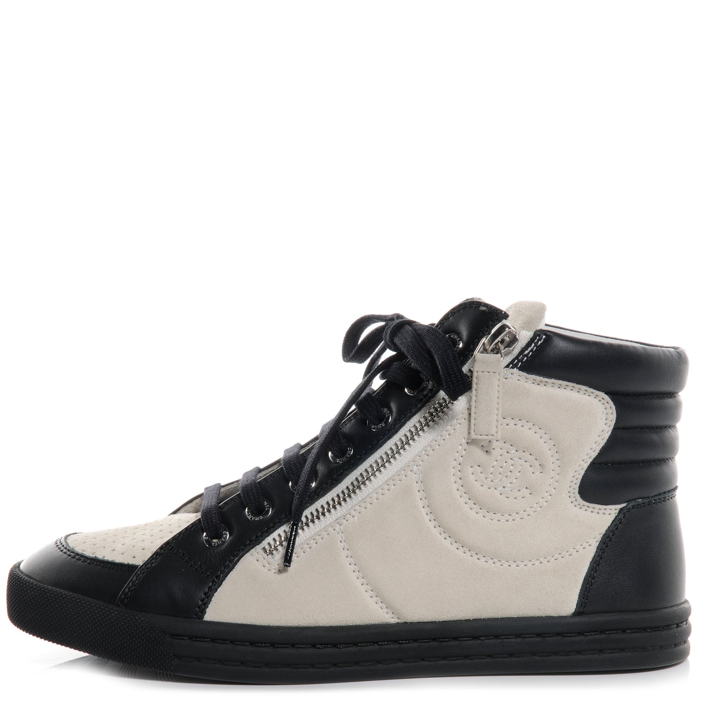 Calfskin Suede Zipped Sneakers Beige Clair Noir 36