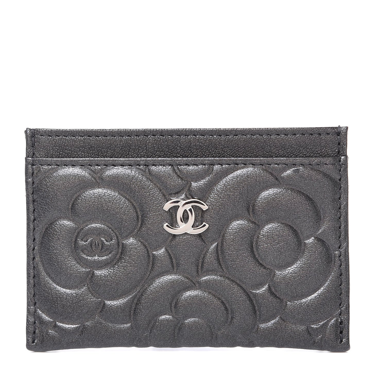 Goatskin Camellia Embossed Card Holder Grey