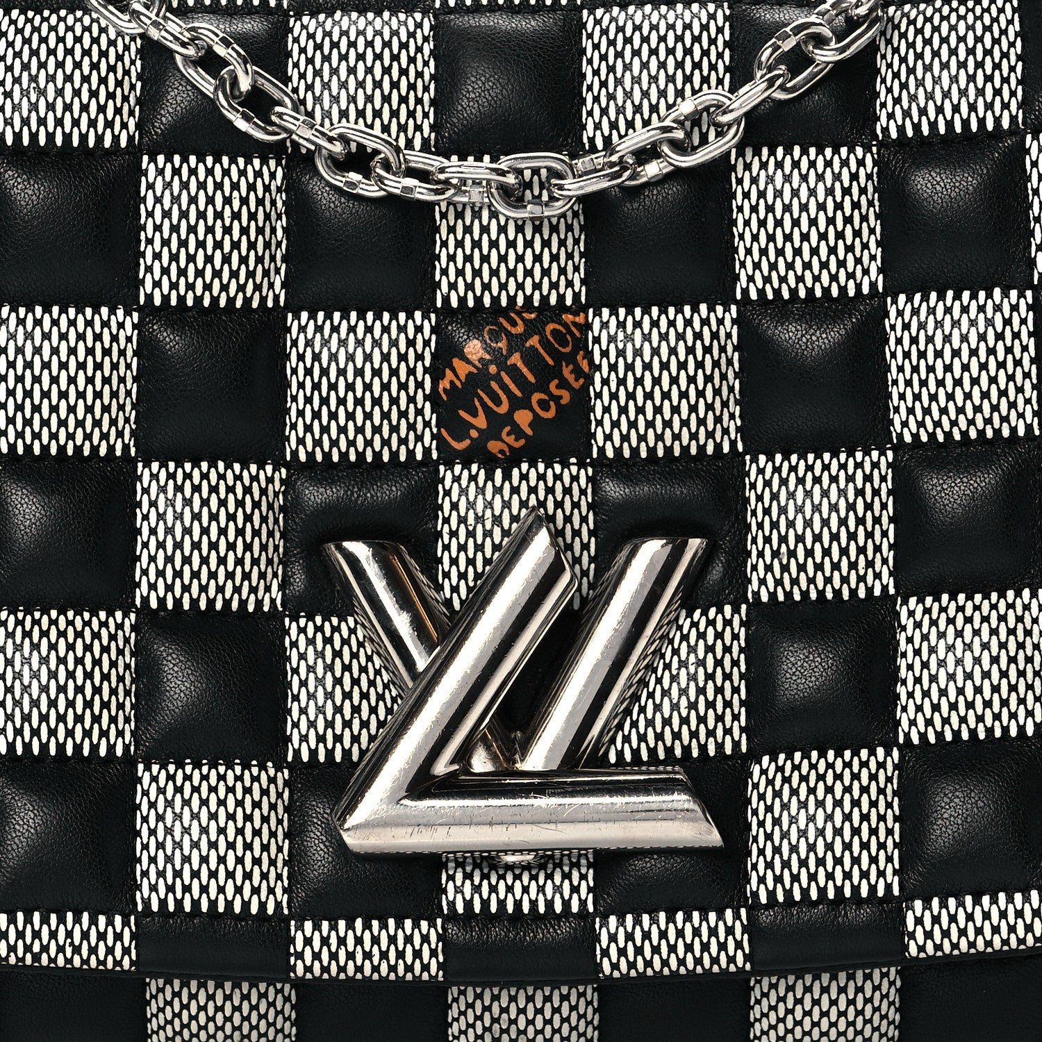 Louis Vuitton Calfskin Damier Twist Shoulder Bag BB Black White 7 of 9