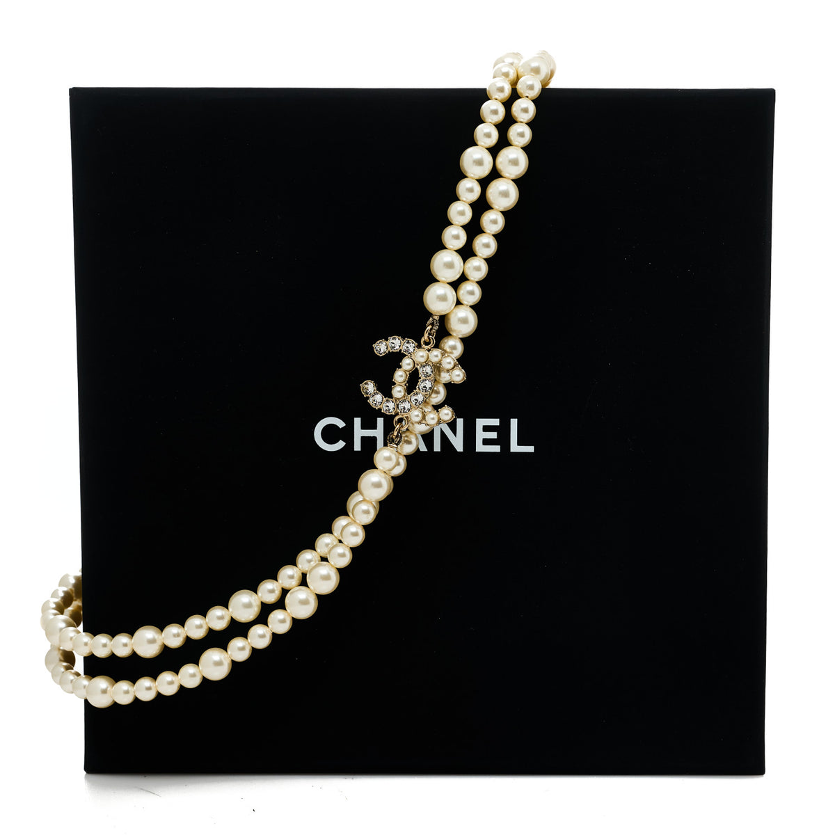 Pearl Baguette Crystal CC Long Necklace Gold