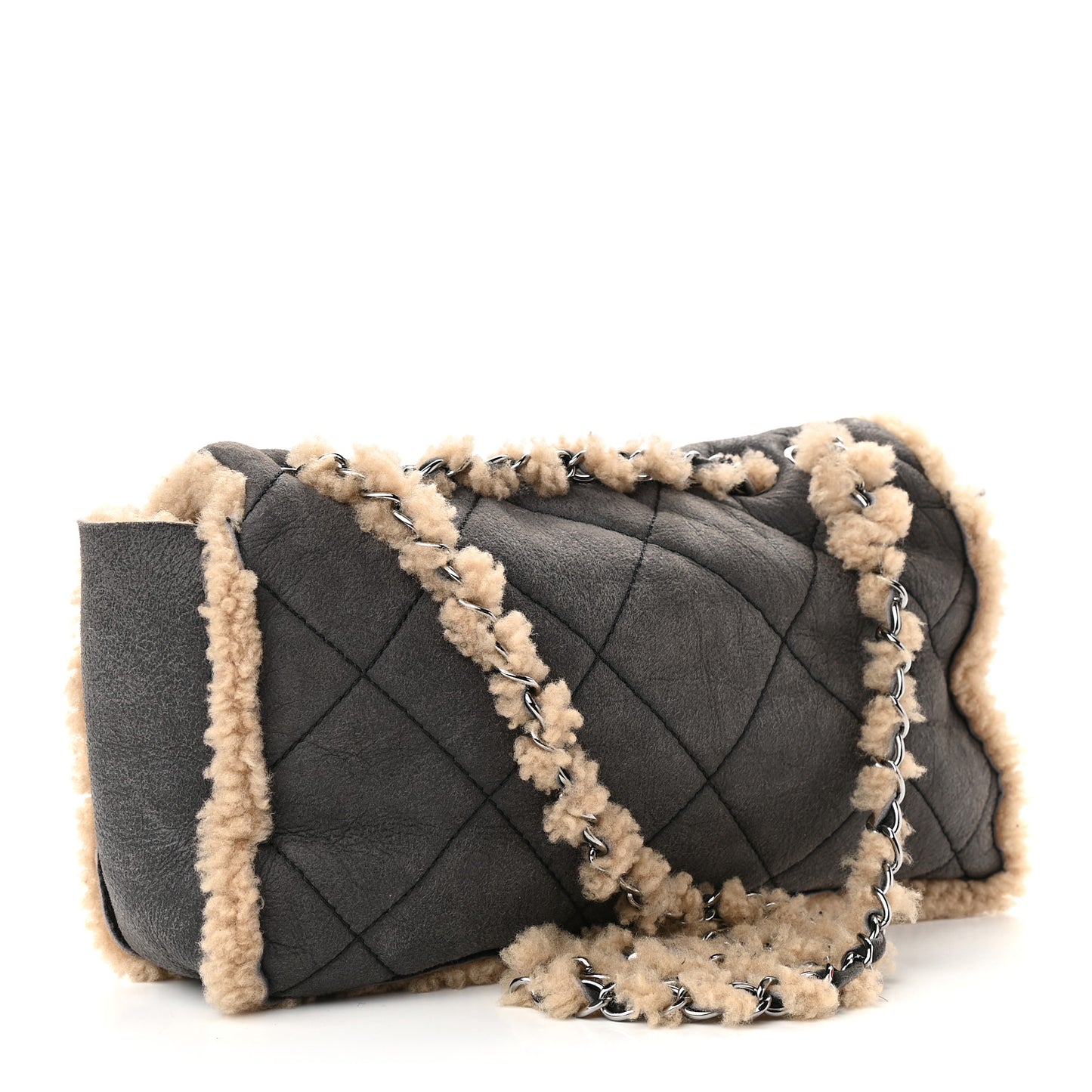 Shearling Quilted Medium Single Flap Grey