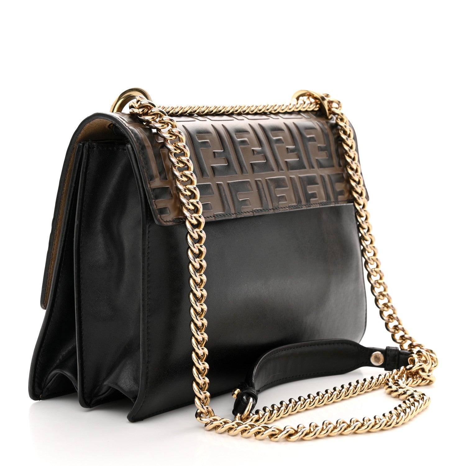 Fendi Vitello Liberty Bi-Color FF 1974 Embossed Chain Strap Kan U Shoulder Bag Black Maya 3 of 22