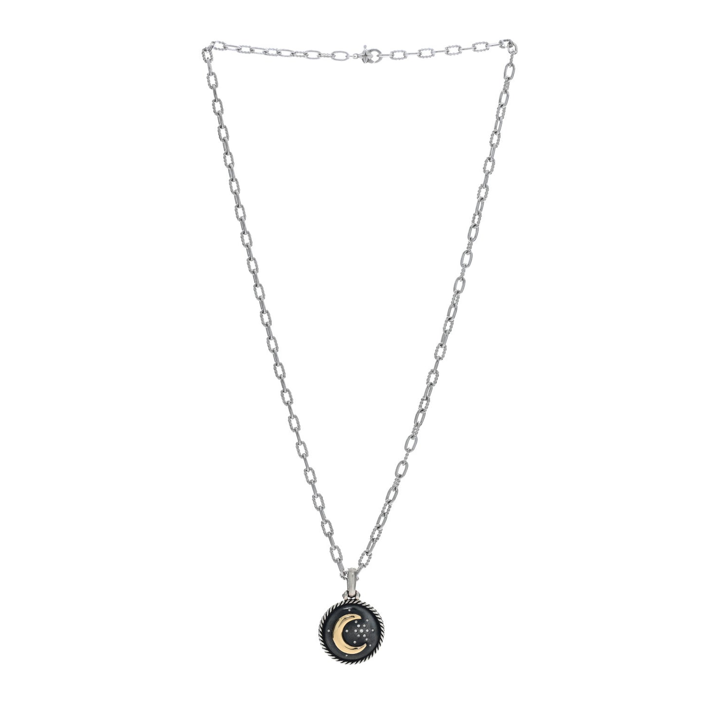 Sterling Silver 18K Yellow Gold Diamond Moon and Star Amulet 3mm Chain Necklace
