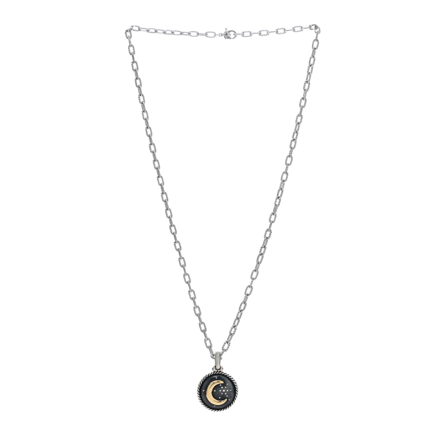 David Yurman Sterling Silver 18K Yellow Gold Diamond Moon and Star Amulet 3mm Chain Necklace 2 of 5
