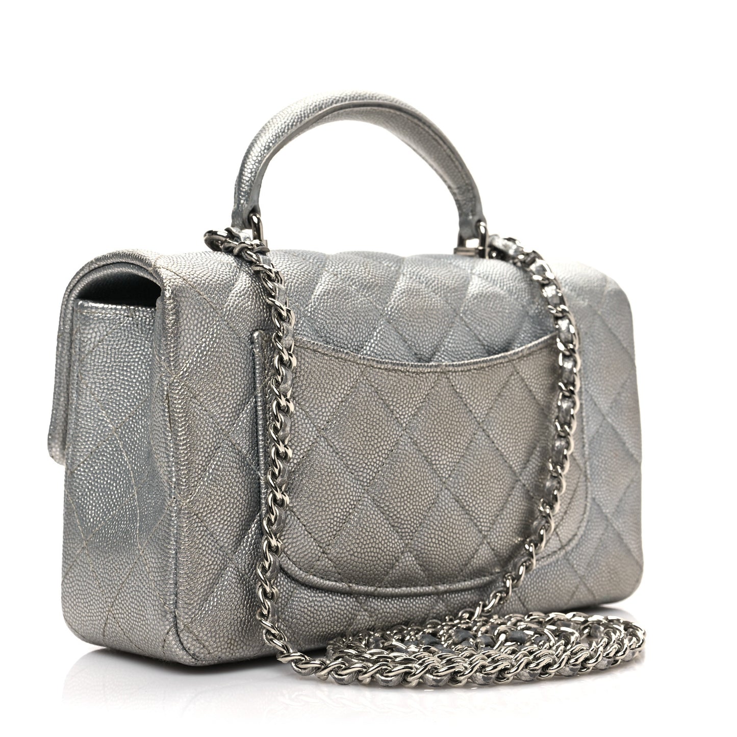 Metallic Caviar Quilted Mini Top Handle Rectangular Flap Silver