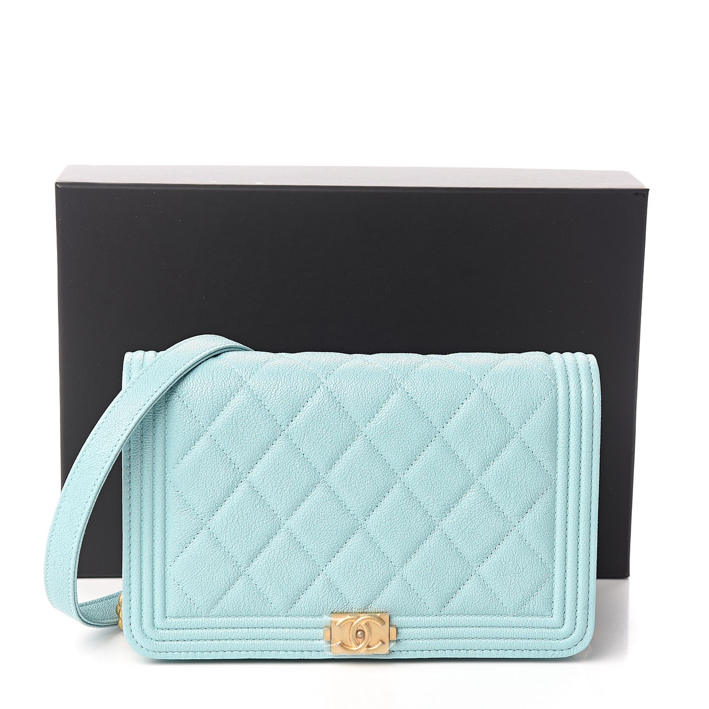 Caviar Quilted Boy Wallet On Chain WOC Light Blue
