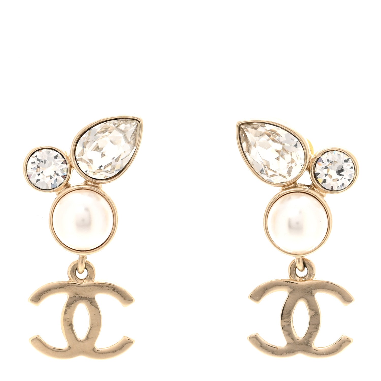 Chanel Pearl Crystal CC Drop Earrings Gold 1 of 5