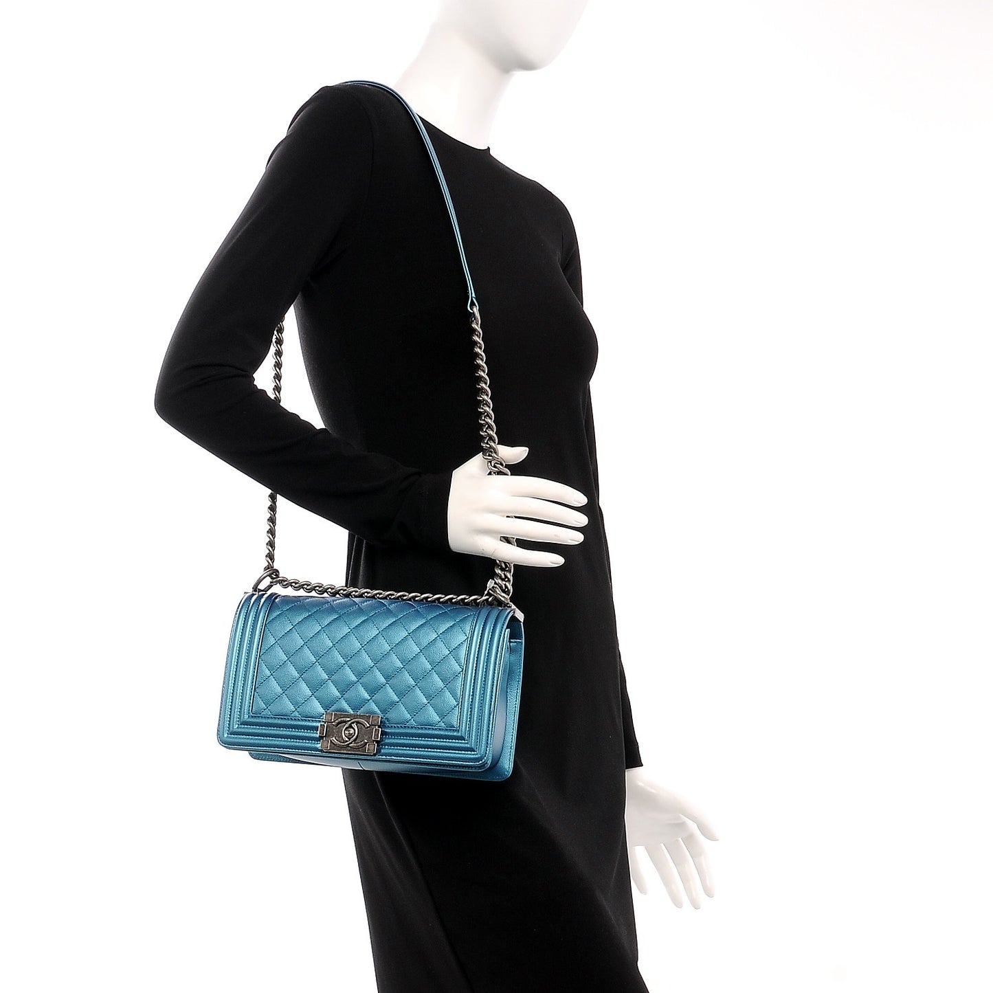 Metallic Caviar Quilted Medium Boy Flap Turquoise