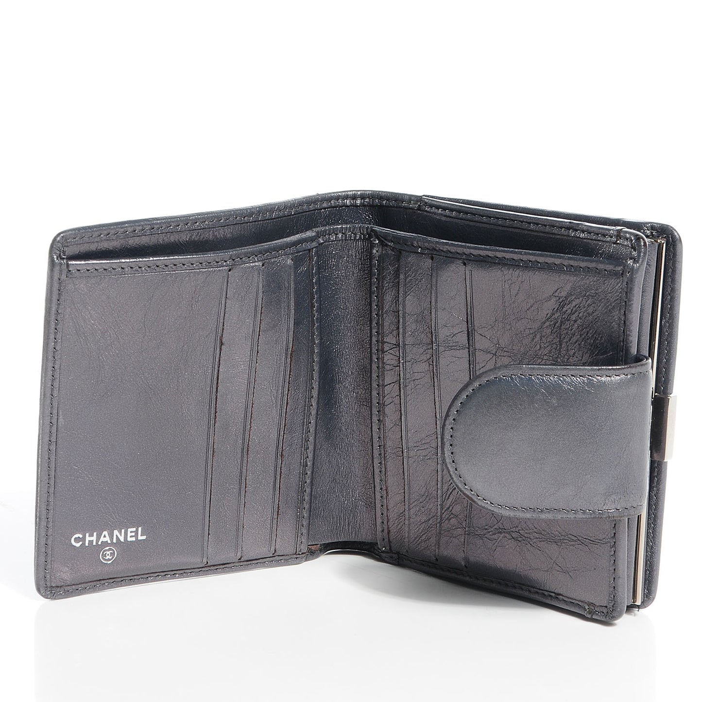 Metallic Calfskin Quilted Cambon Compact Wallet Dark Silver