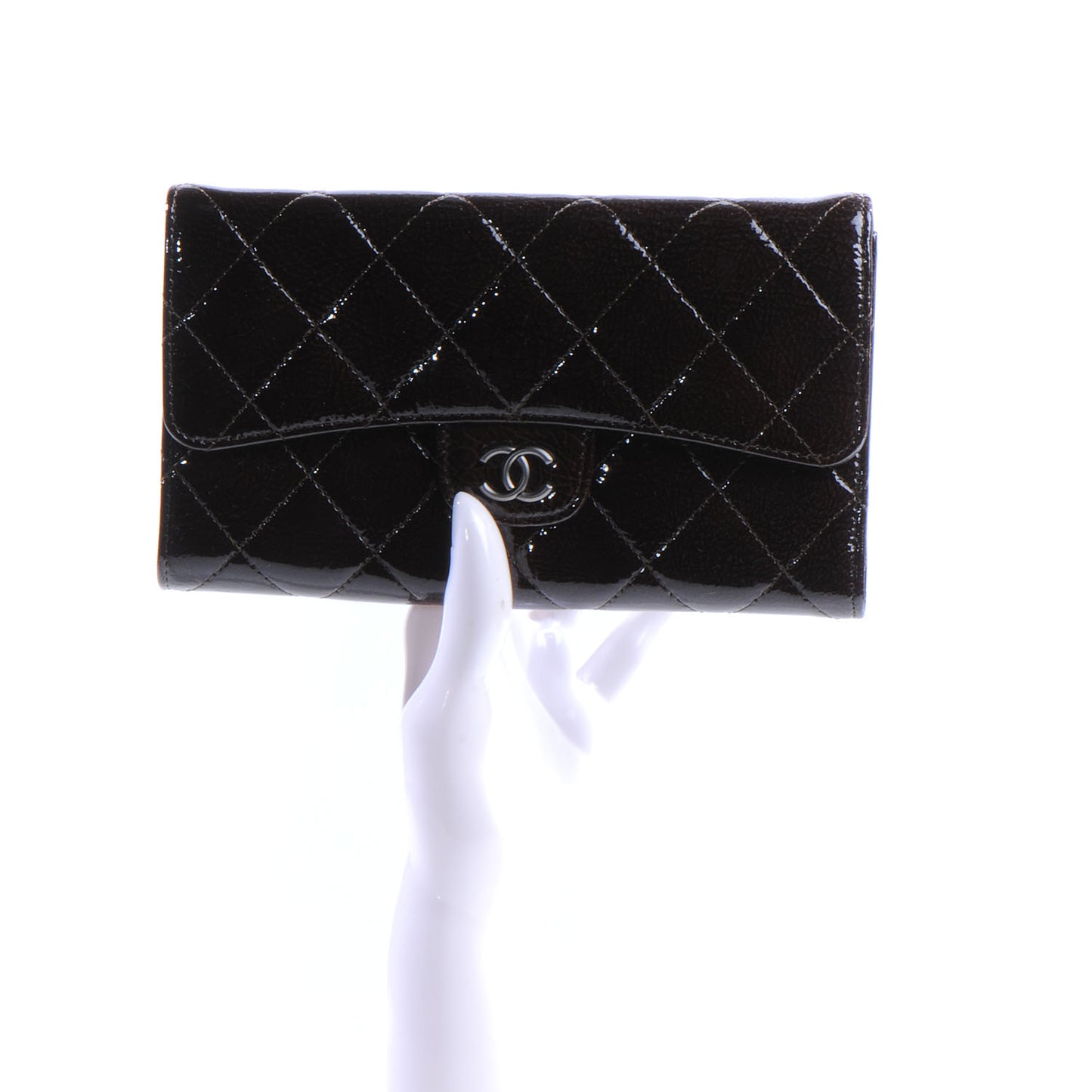 Patent Quilted Large Flap Wallet Brown