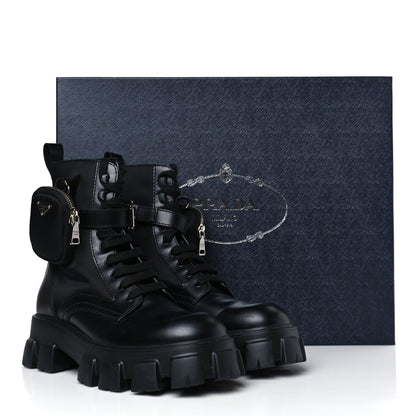 Prada Spazzolato Rois Re-Nylon Metal Triangle Logo Mens Monolith Pouch Pocket 60mm Combat Boots 9.5 Black 9 of 9