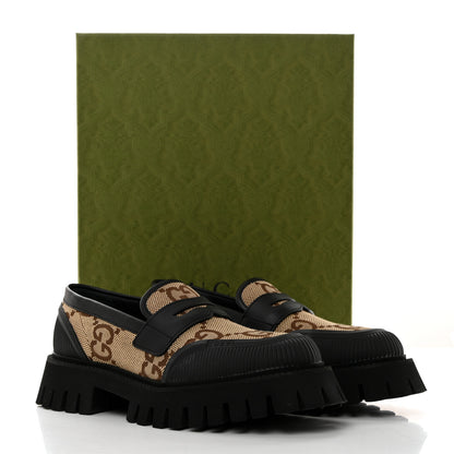 Gucci Monogram Jumbo GG Miro Soft Calfskin Mens Lug Sole Loafers 8 Camel Ebony Black 9 of 9