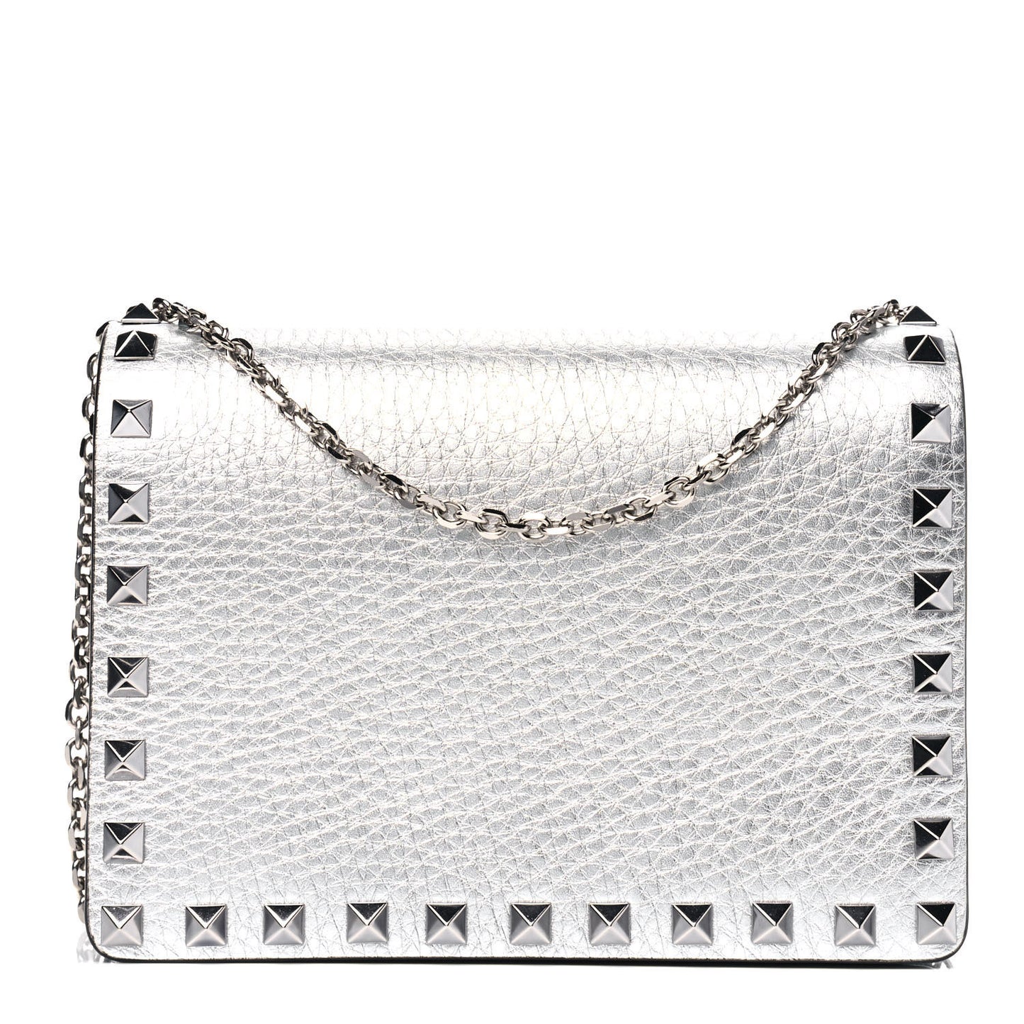 Metallic Pebbled Calfskin Rockstud Wallet on Chain Silver