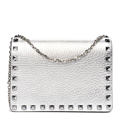Valentino Garavani Metallic Pebbled Calfskin Rockstud Wallet on Chain Silver 1 of 5