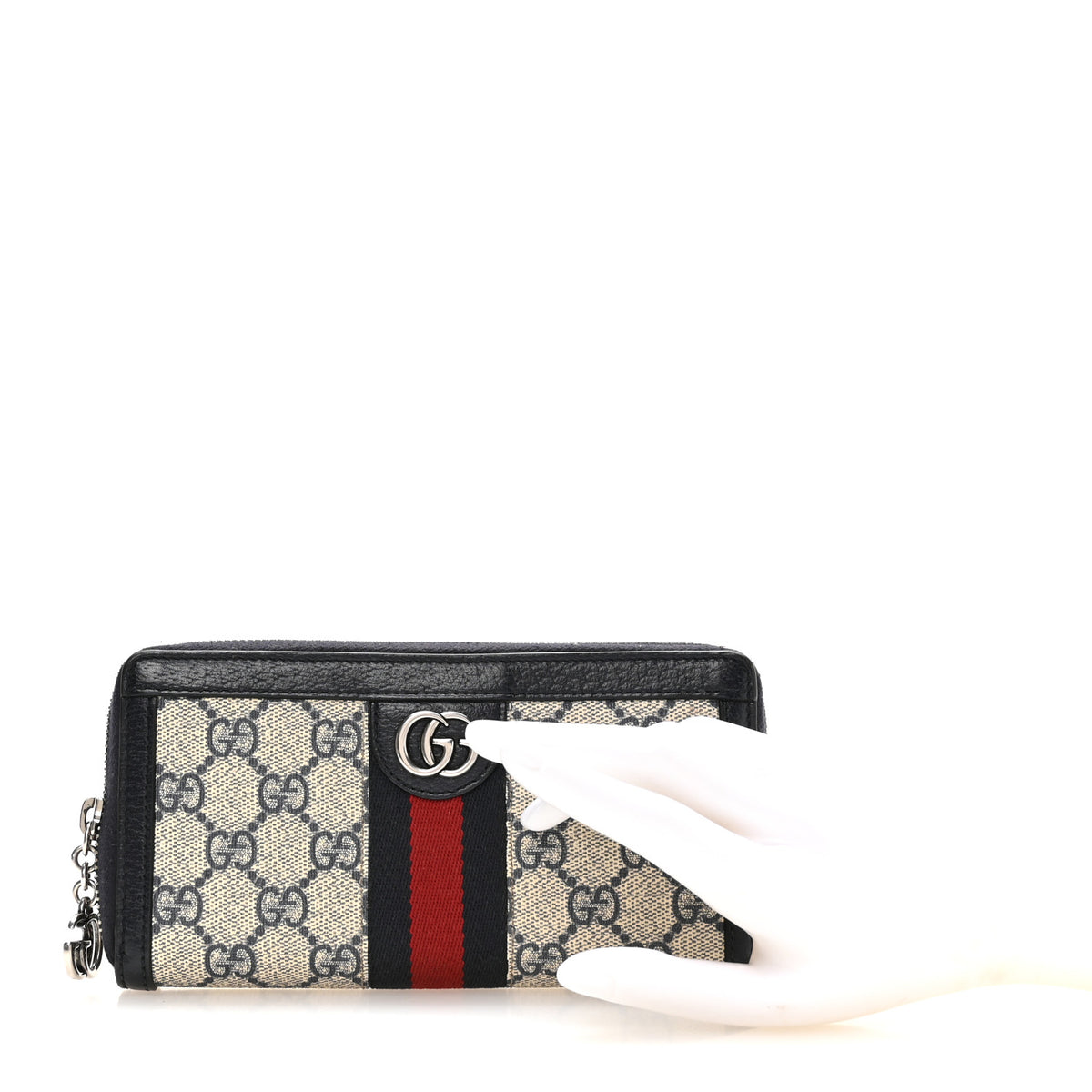 Gucci GG Supreme Monogram Textured Dollar Calfskin Web Ophidia Zip Around Wallet Beige Blue 2 of 9