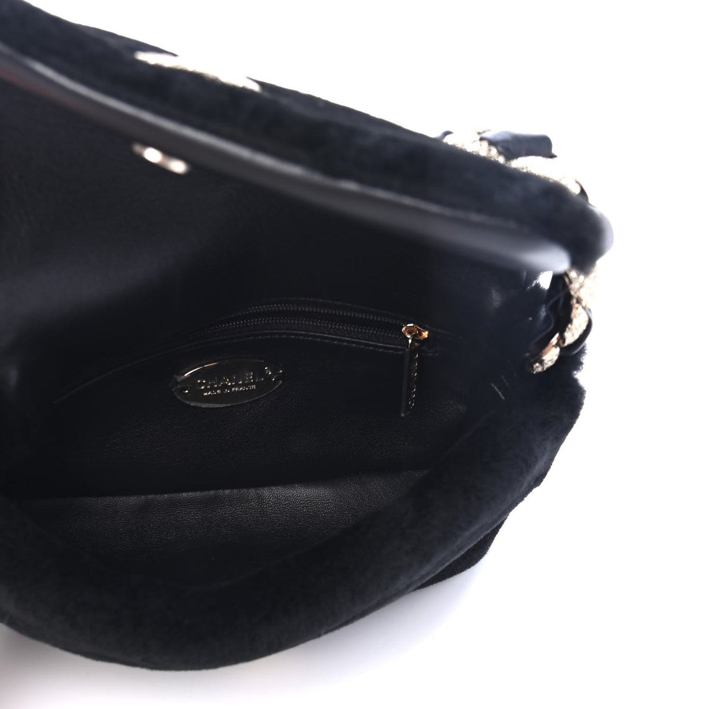Shearling Lambskin Crystal Strass Flap Black