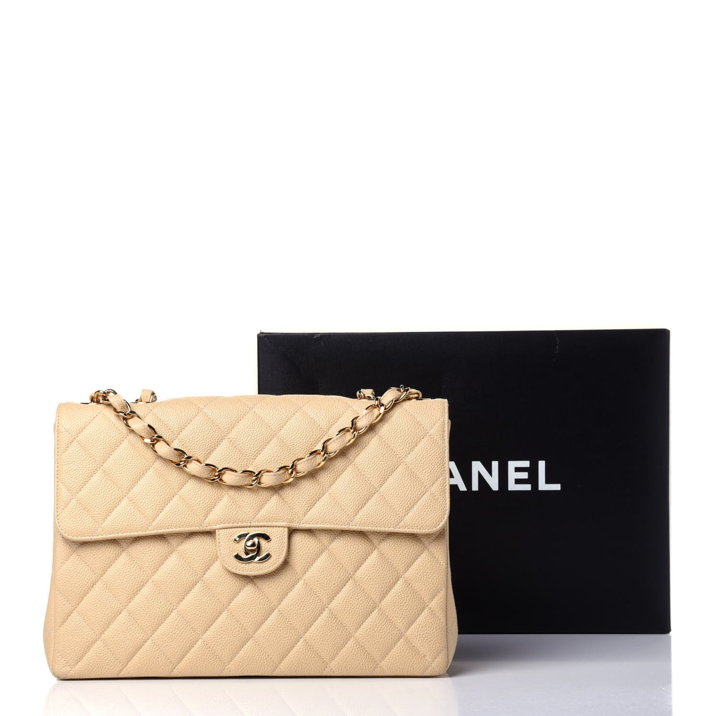 Caviar Quilted Jumbo Single Flap Beige